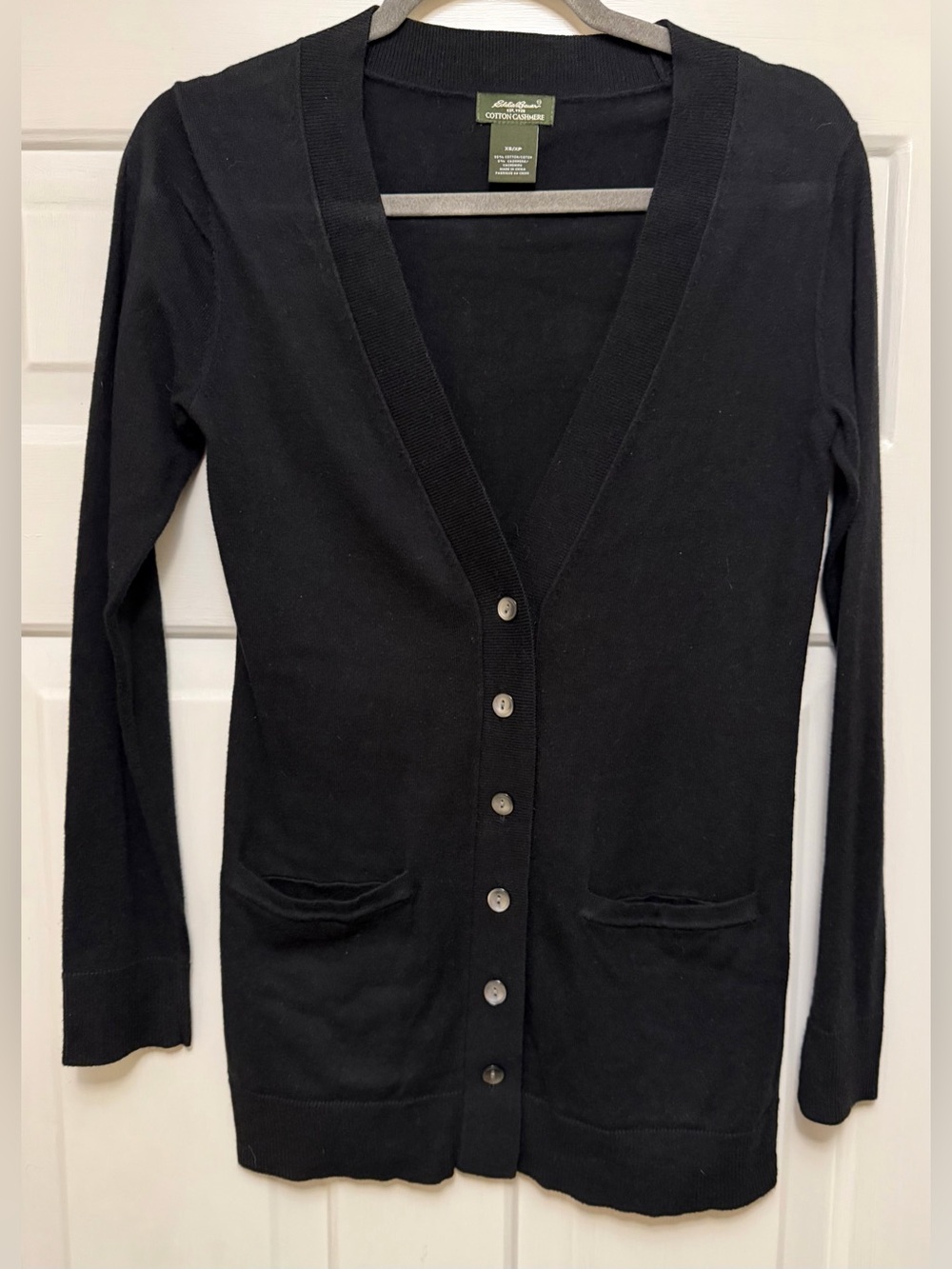 Eddie Bauer Black Button-Front V-Neck Cotton Cashmere Cardigan Size XS